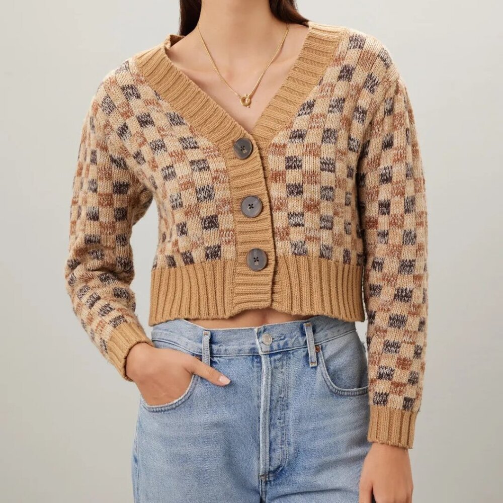 Rebecca Taylor NYC Women's Cropped Checkerboard Cardigan Size Large